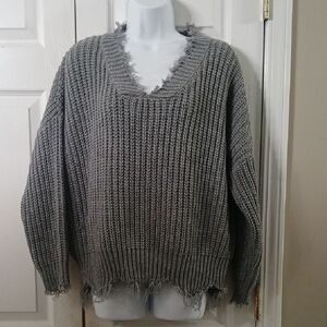Main Strip Charcoal Gray Knit  Fringe Sweater Sz L NWOT